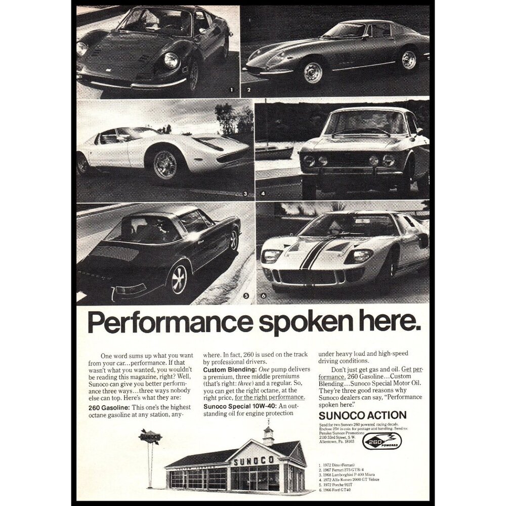 1973 Sunoco Service Gas Station Vintage Print Ad Porsche Ford GT Jaguar Wall Art